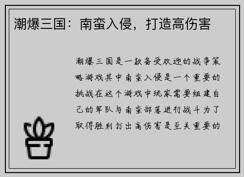 潮爆三国：南蛮入侵，打造高伤害