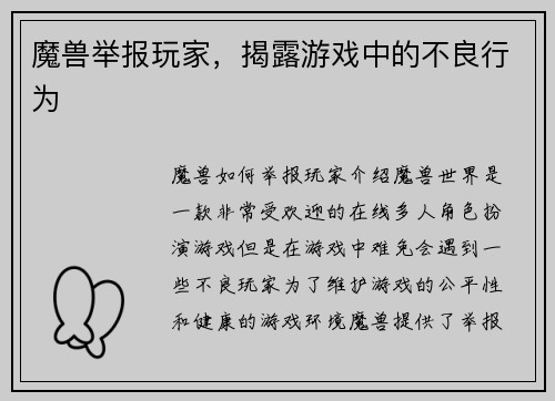 魔兽举报玩家，揭露游戏中的不良行为